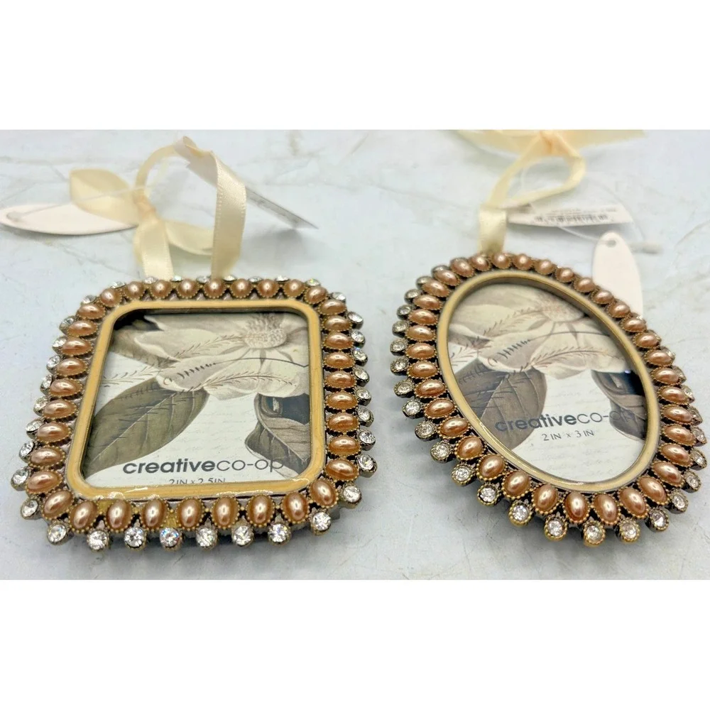 Creative Co-Op Set‎ of 2 Miniature Pewter Frames 2x2-2x3 Faux Beaded Crystal NWT